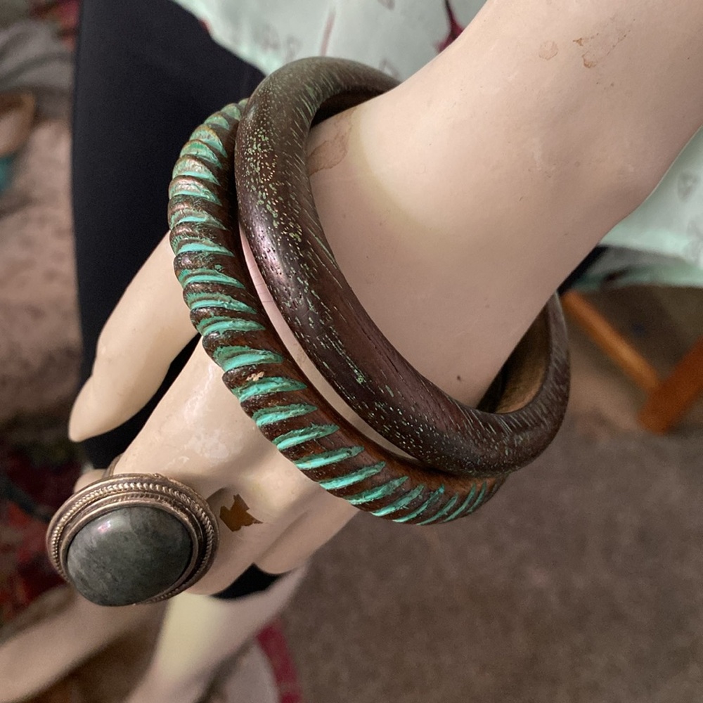 Vintage Set of Two Wooden and Turquoise Paint Bangle Bracelets